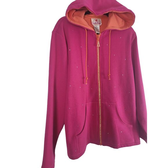 Quacker Factory Full Zip Hoodie XL Womens Long Sleeve Pink Jeweled Pocket Unique - Picture 2 of 13